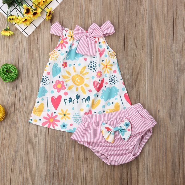 

newborn baby girls clothes set 2019 summer cute cotton floral vest striped dress pants shorts toddlers outfit 2pcs sets, White