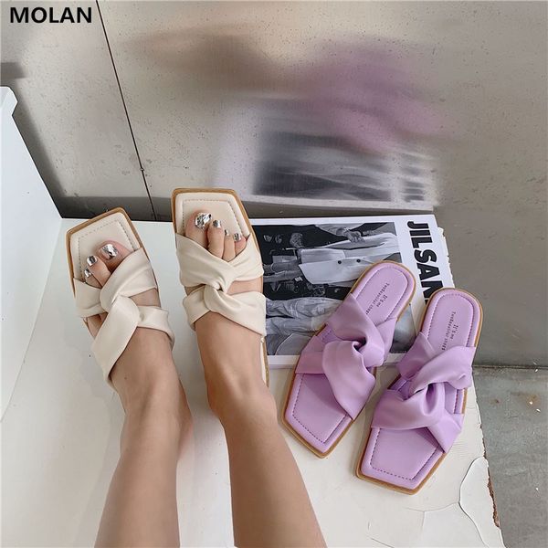 

molan 2020 летний корейский новая мода бабочки узел плоский кожаный тапочки скольжения на мокасины мулы шлепанцы, Black