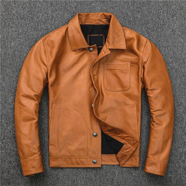 

gu.seemio genuine leather jacket for men yellow cowhide coat cowboy real animal skin leather outer wear garment suit, Black