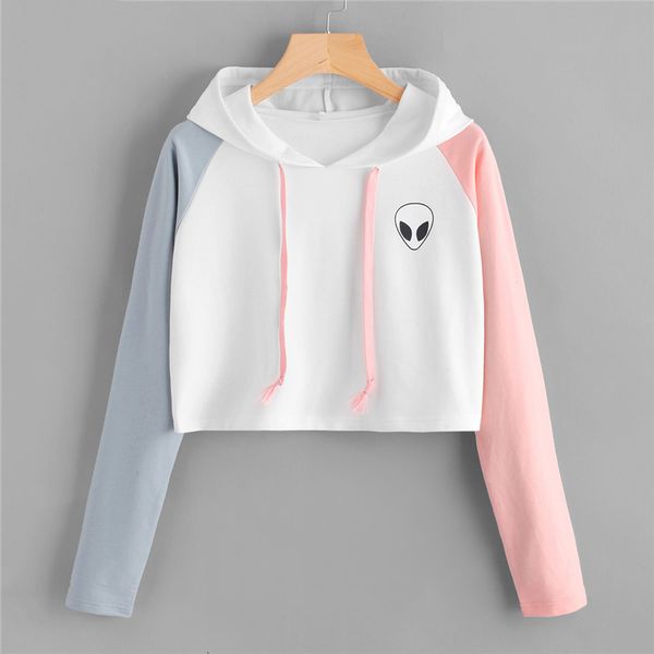 

woman clothes woman sweatshirt colorblock print crop hoodie women casual autumn hooded long sleeve ladies spring preppy drop shipping, Black