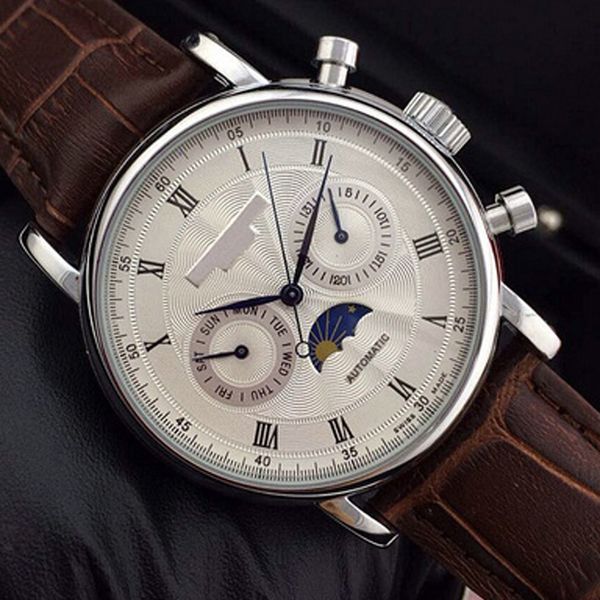 

new brown mens leather watches fashion men's stainless wristwatches movement sports watch automatic steel mechanical men keyaa u1 facto, Slivery;brown