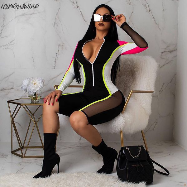 

new 2019 mesh splicing playsuit womens streetwear rompers front zipper long sleeve shorts jumpsuit bodycon overalls, Black;white