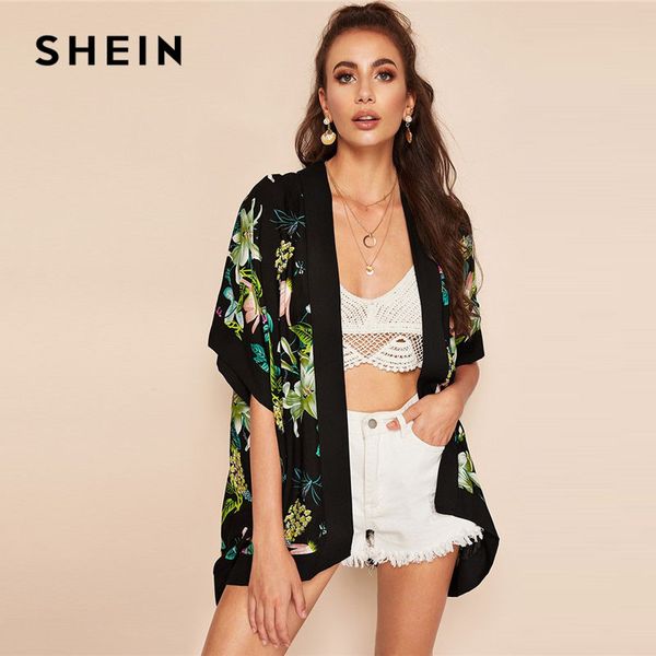

shein lady casual botanical floral print open front boho kimono cardigan women summer beach half sleeve long kimono, White