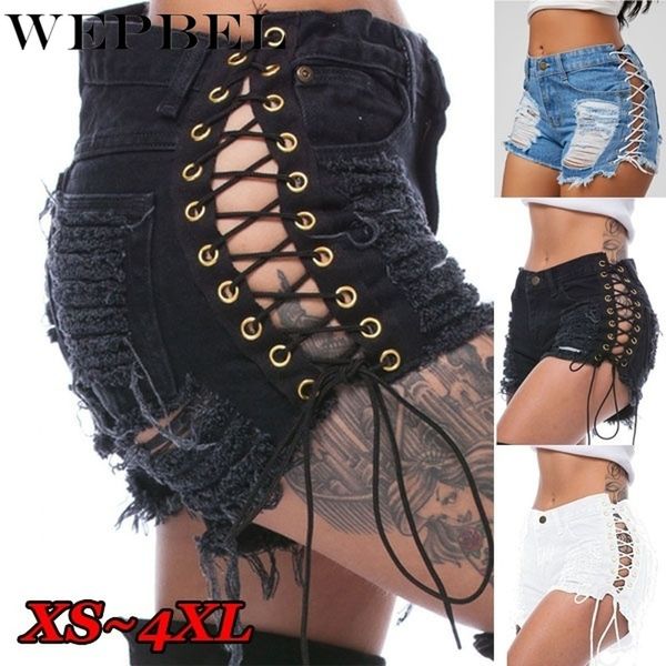 

wepbel 2020 new fashion summer women's fashion high waist denim shorts for teen girls jeans ripped casual feminino pants, Blue