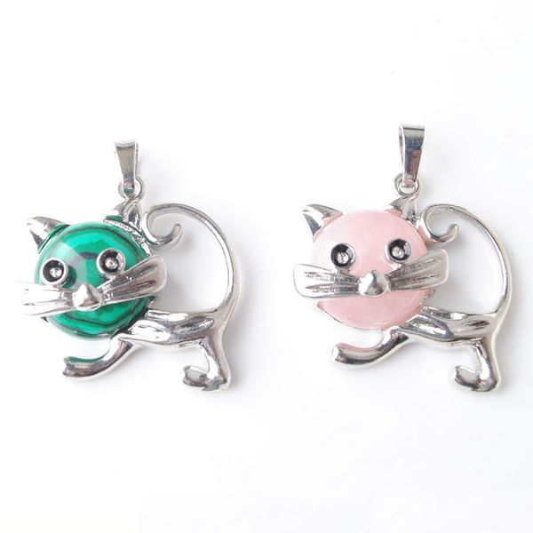 

wojiaer new cute animal cat pendant bead round natural gem stone fashion jewelry for women dbn801, Silver
