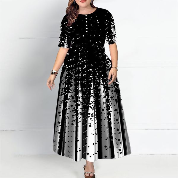 

plus size women half sleeve elegant round neck boho bandage print long maxi dress ladies bohemian dress elegant ladies vestido, Black;gray