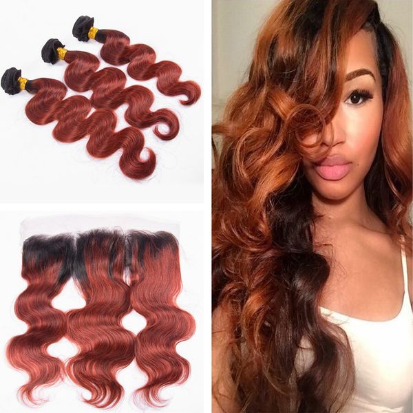 2019 Ombre 1b Orange 3bundles Wefts With Lace Frontal 13x4 Dark