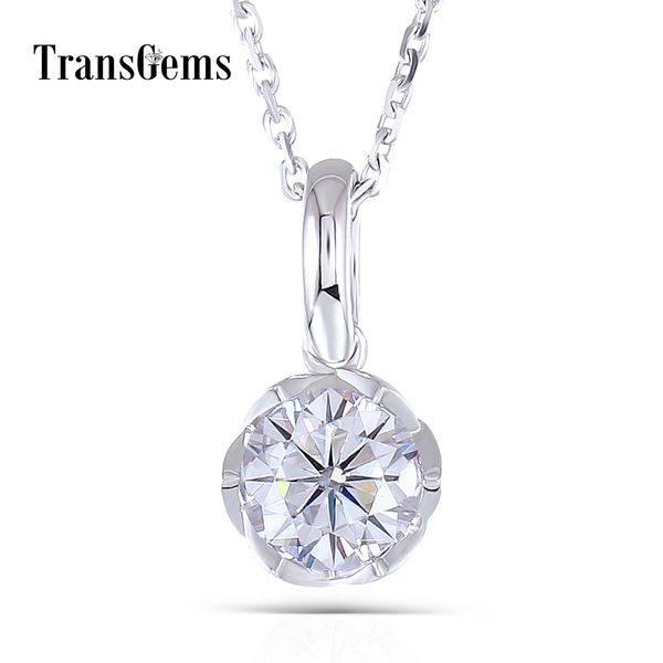 

transgems 14k white gold 585 6.5mm 1 f color moissanite round brilliant cutting flower shaped pendant necklace for women, Silver