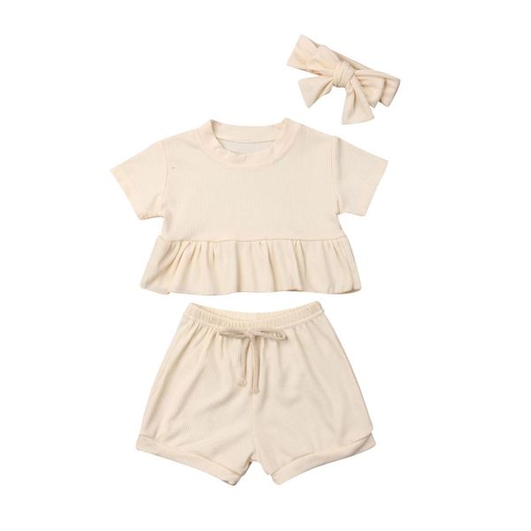 

6m-3years newborn baby boy girl solid outfits ruffles shorts sunsuit clothes 3pcs, White