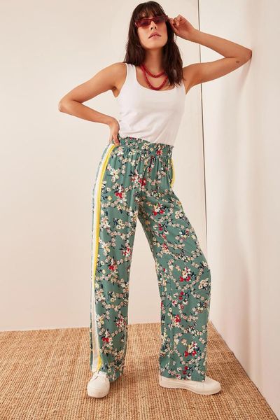 

women's green sides two color stripe pants, Black;white