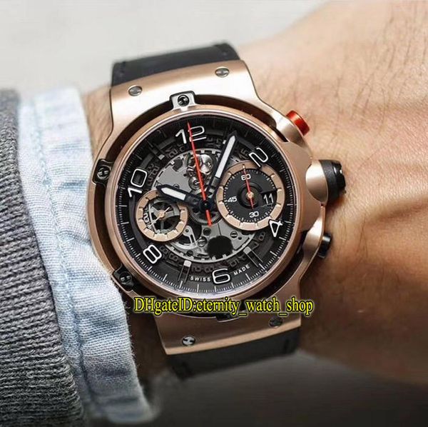 

gt gt 45mm 526 0124 japan vk quartz chronograph movement skeleton dial mens watch rose gold case rubber strap luxury sport watc, Slivery;brown