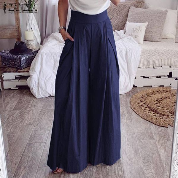 

zanzea 2020 women high waist wide leg pants long trousers back zip pockets pantalones femme office work chic bottoms streetwear, Black;white