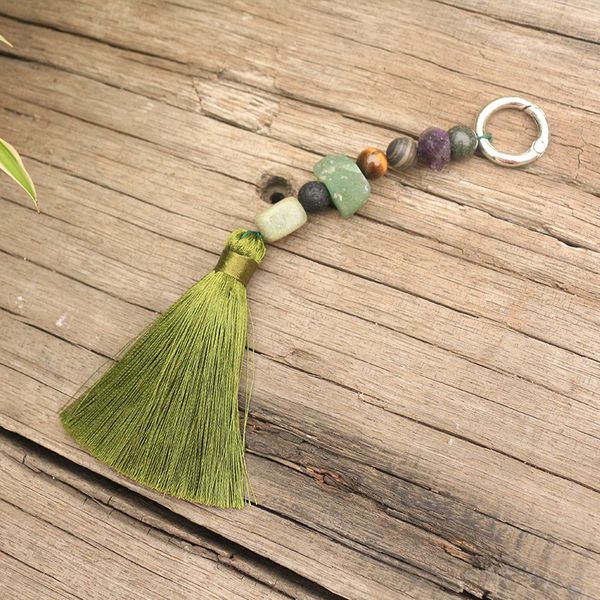 

sweet and romantic key ring, green, natural stone, vintage chinese style tassel keychain, bag keychain, original stone jewelry, Silver