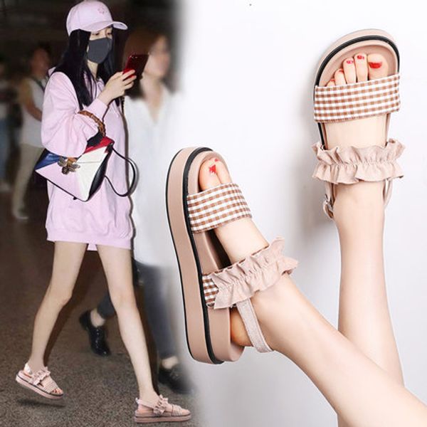 

net red summer sandals female 2020 new fairy style flat sandals fashion wild lattice ins tide women's shoes, Black