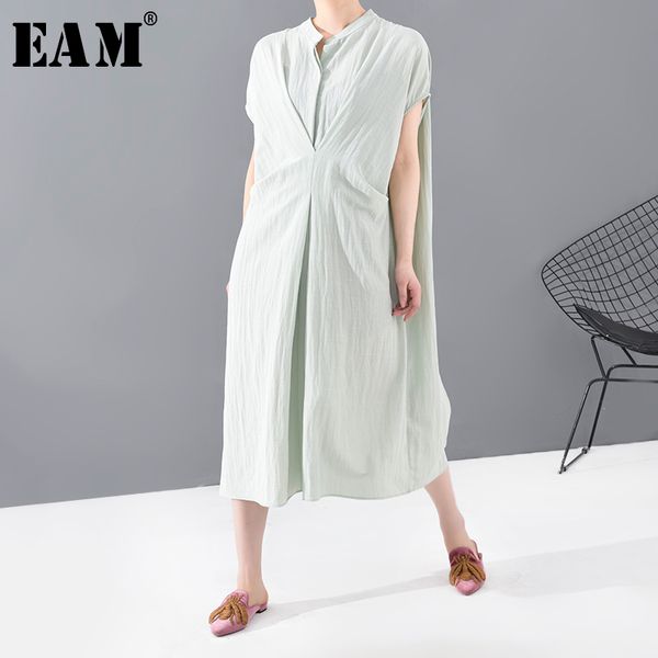 

eam] women geen knot bow brief big size dress new stand collar sleeveless loose fit fashion tide spring summer 2020 1t09506, Black;gray
