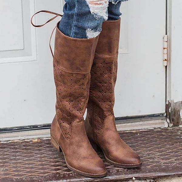 

women classic flats round toe low-heeled lace-up western knight boots winter long riding boots shoes women snow shoes #903, Black