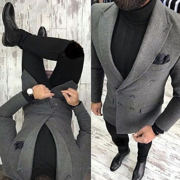 Klasik Stil Kruvaze Koyu Gri Damat Smokin Tepe Yaka Groomsmen Erkek Takım Elbise Düğün / Balo / Akşam Yemeği Blazer (Ceket + Pantolon + Kravat) K431