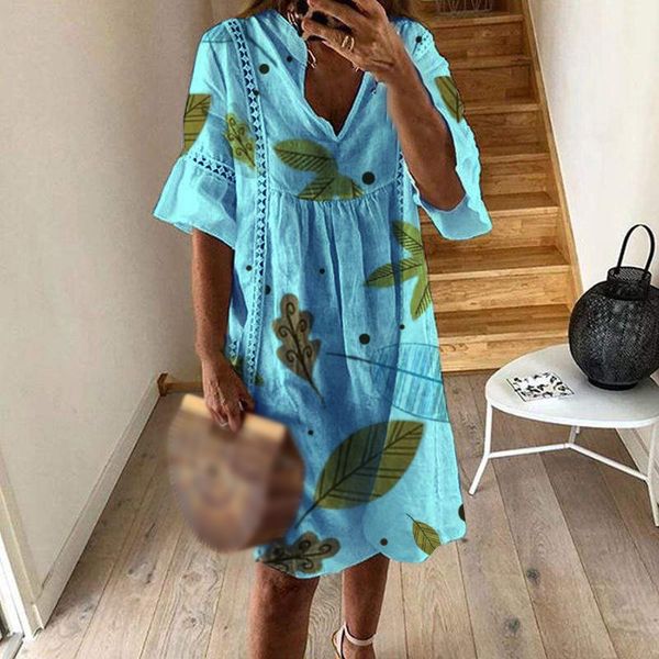 

womens dress ladies beach summer v neck casual fashion half sleeve sundress printed a line, Black;gray
