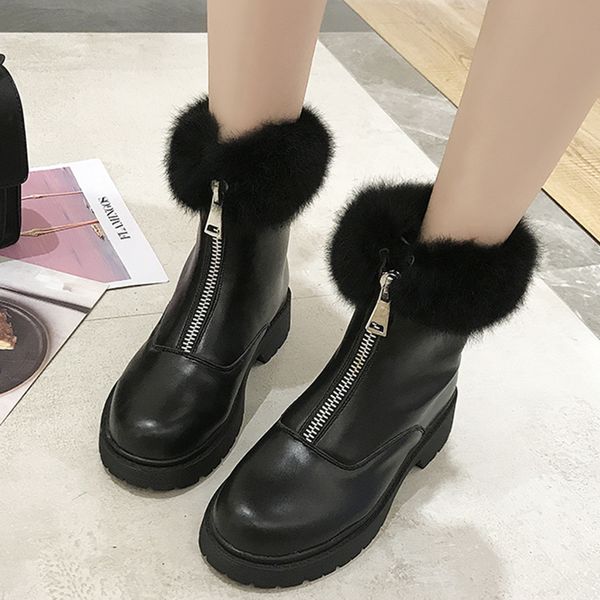 

rimocy winter faux fur boots women fashion front zipper waterproof leather ankle boots woman chunky platform black shoes female