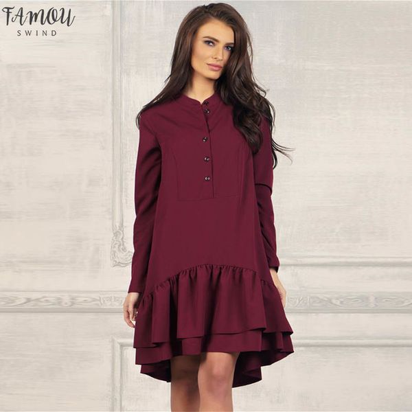

women casual solid ruffles dress office ladies stand collar long sleeve a line elegant party dress 2020 women autumn mini dress, Black;gray
