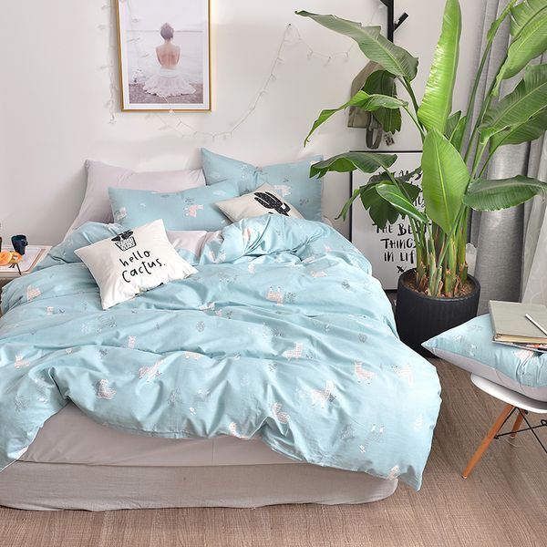 2018 Cute Alpaca Light Blue Bedding Set Cotton Fabric Queen Ru