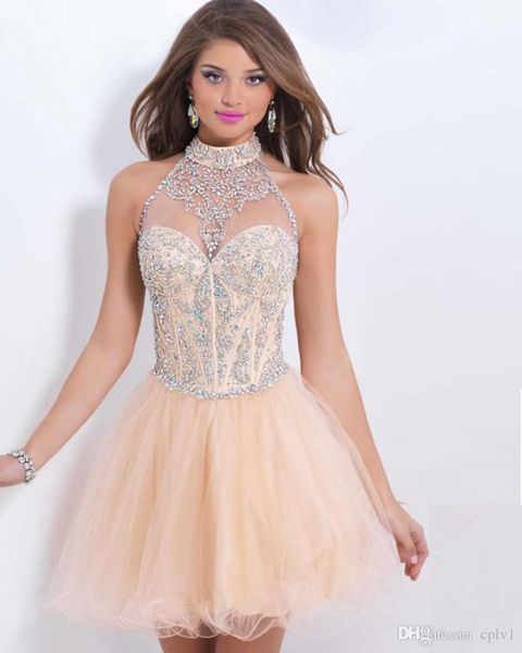 

2019 new sparkling beading crystal bodice sweet 16 short puffy halter pink homecoming dresses vestido de formatura, Blue;pink