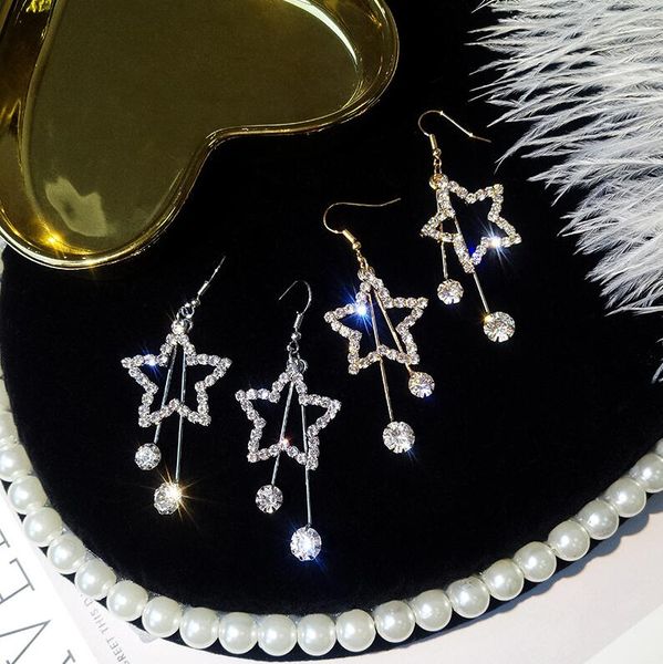 

low price selling trendy crystal rhinestone star earrings women dangle earrings pentagram for women drops earring gift 2 colors, Golden