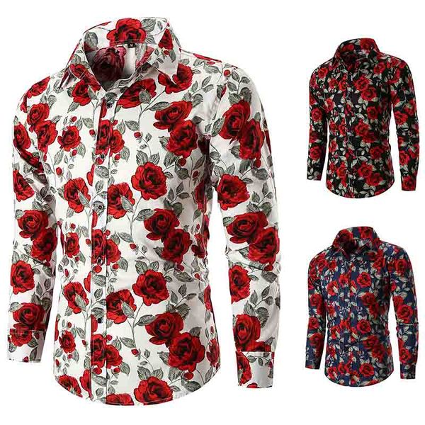

brand long sleeve plus size floral shirts men casual holiday vacation clothing camisas new men's long sleeve casual shirt fashio, White;black