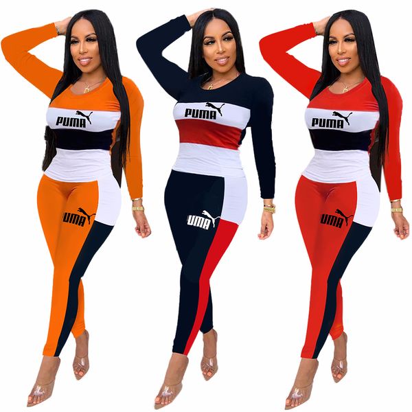 

A6266 ladie two piece european and american fa hion letter women 039 uit hit color long leeved round neck pant uit women, White