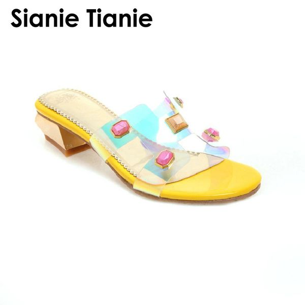 

sianie tianie 2020 summer yellow blue med heels woman shoes pvc transparent women slippers slides mules with studded stones, Black