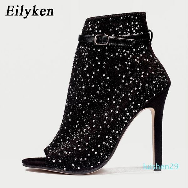 

eilyken 2020 new women crystal sandals ankle straps buckle transparent cover heel pumps ladies sandals party shoes size 35-43 l29, Black