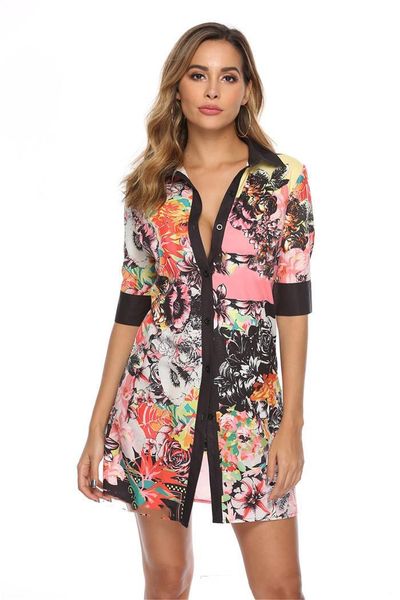 

summer lapel neck womens shirt dresses fashion short sleeve floral print ladies dresses with button