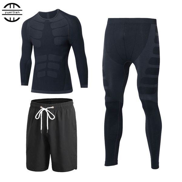 

yuerlian quick dry 3 pcs compression tights tracksuit men train fitness long sleeve shirt pant o-neck gym running sport suit, Black;blue