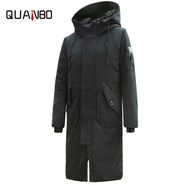 

quanbo men long down jacket 2019 new arrival fashion hooded winter thick warm duck down coat brand clothing, Black