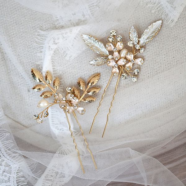 

jonnafe boho gold leaf bridal hair pins pearls jewelry rhinestone women headpiece handmade wedding hair ornament, Golden;white