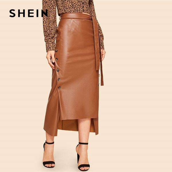 

shein brown elegant split hem front double button belted leather look long skirt office lady solid workwear maxi skirts, Black