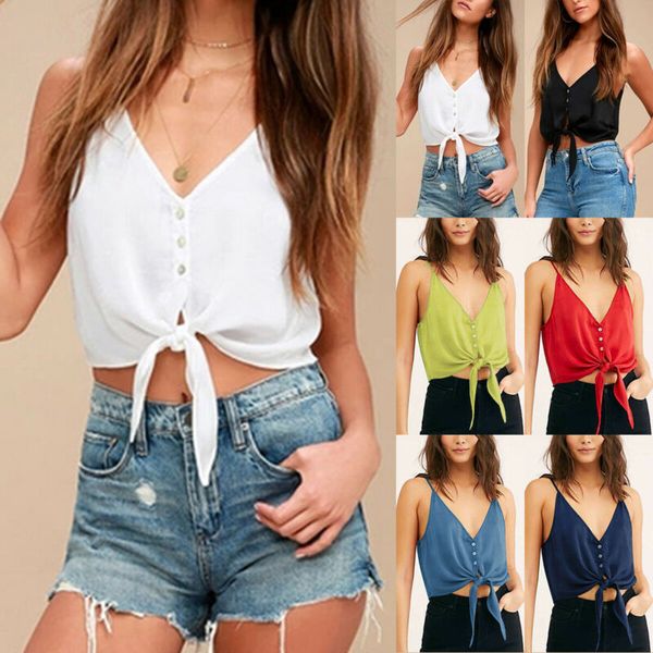 

Women Summer Beach Boho Button Strappy V Neck Vest Shirt Plain Tank Tops Casual