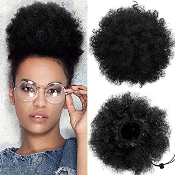 Afro Puff кулиской хвостик Humain Короткие вьющиеся волосы афро Бун Extension Afro Chignon Hairpieces Updo Extensions волос 120г