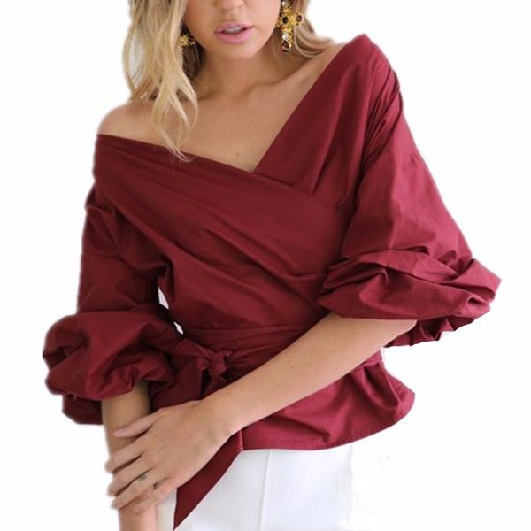 

elegant v neck women ladies blouse solid long sleeve bowknot belt bandage blouses fashion casual blouse women blusas, White