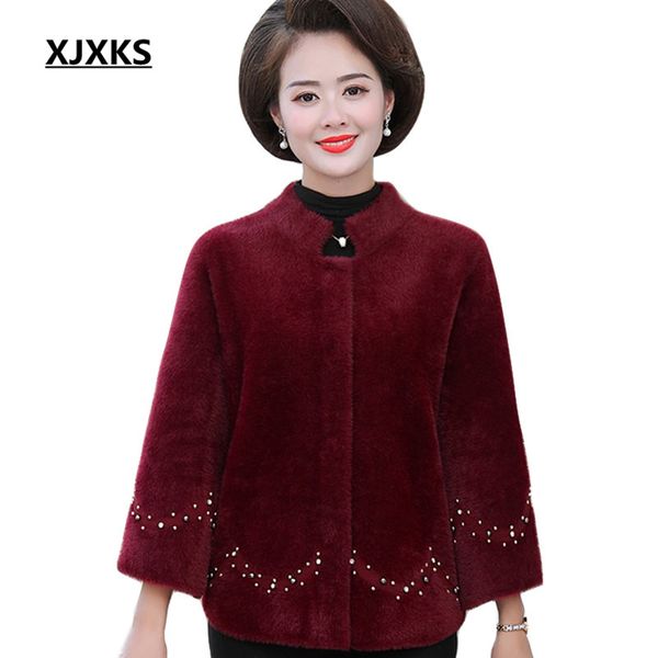 

xjxks 2019 autumn winter new women's warm thick mink cashmere woolen coat fashion beaded high-end women's coat, Black