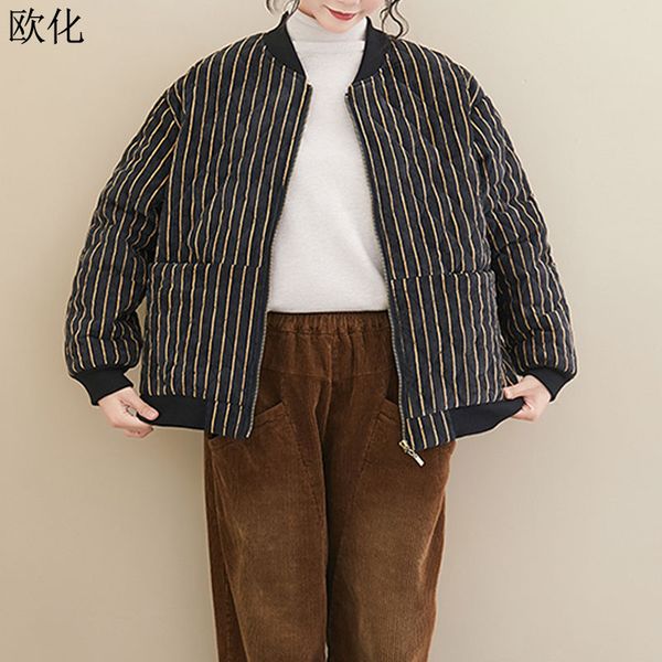 

women baseball jacket vintage thicken warm autumn winter plus size striped cotton parka plus size female loose outerwear 5xl 6xl, Black