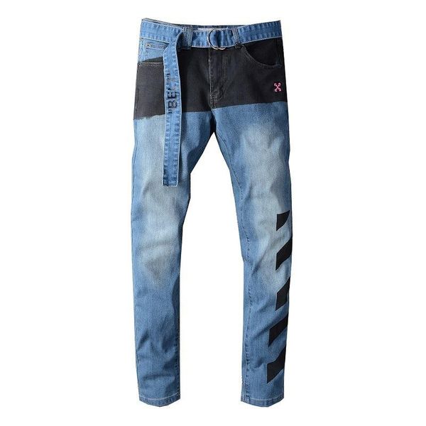 

европейских и американских хай-стрит мужская мода джинсы синий мыть черный печать дизайнер тонкие ноги прямые брюки, Blue