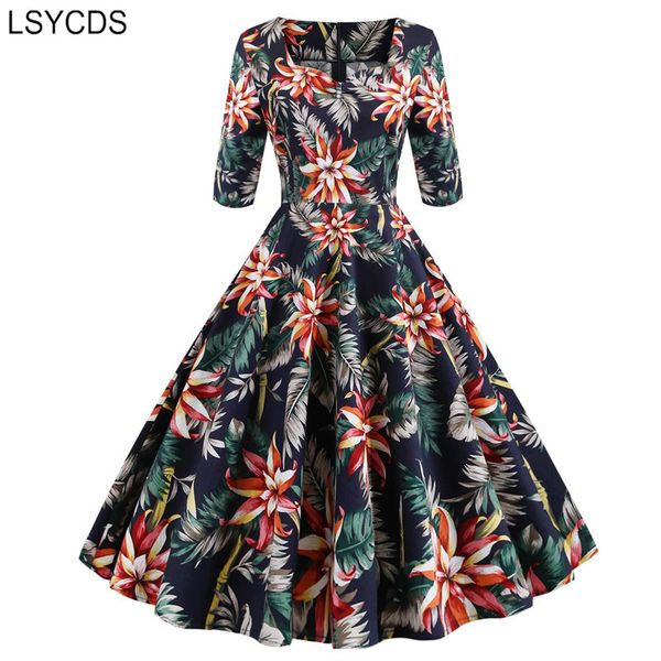 

lsycds floral dress women 2020 botanical print dress women autumn three quarter sleeve belted vintage dresses, Black;gray