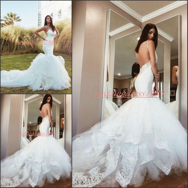 Abiti da sposa country sexy a sirena senza schienale Cinghie aderenti Spaghetti Schiena scoperta Pizzo Tulle Plus Size Abito da sposa africano Abito da sposa Personalizzato