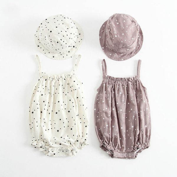 

2019 cute newborn kids baby girl summer outfits cotton clothes sleeveless strap romper sun hat 2pcs star printed 3m-2y, White