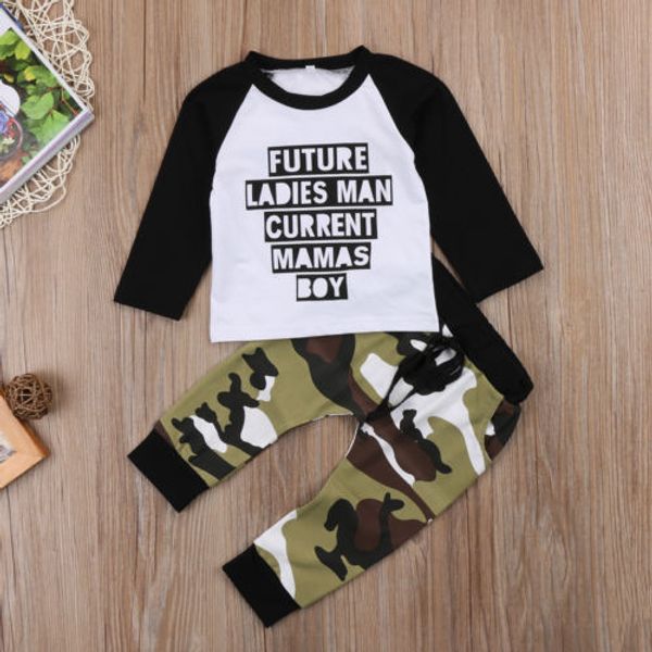 

future ladies man current mama's boy toddler kids baby boys outfits clothes t-shirt tee + camo pants 2pcs set, White