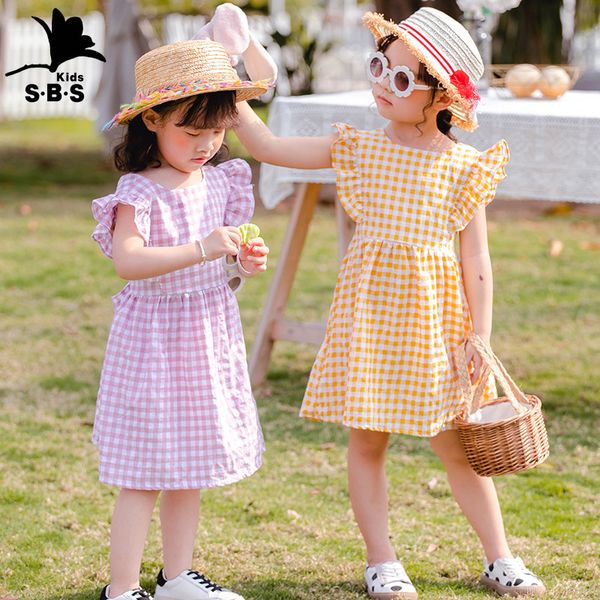2020 children's clothing summer new arrival halter lattice bowknot girls' dress princess kids dress with wooden ears sleeves, Red;yellow