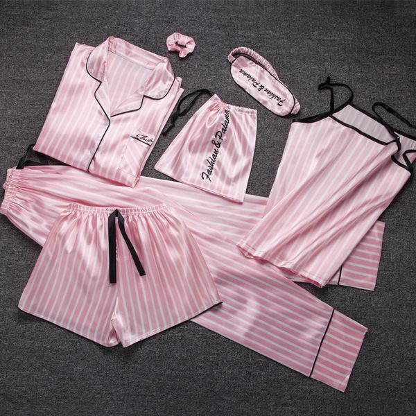 

kawaii ladies sleepwear 7 pieces set pyjama pink satin silk pajamas sets soft sweet cute nightwear gifts home clothing 2019, Blue;gray