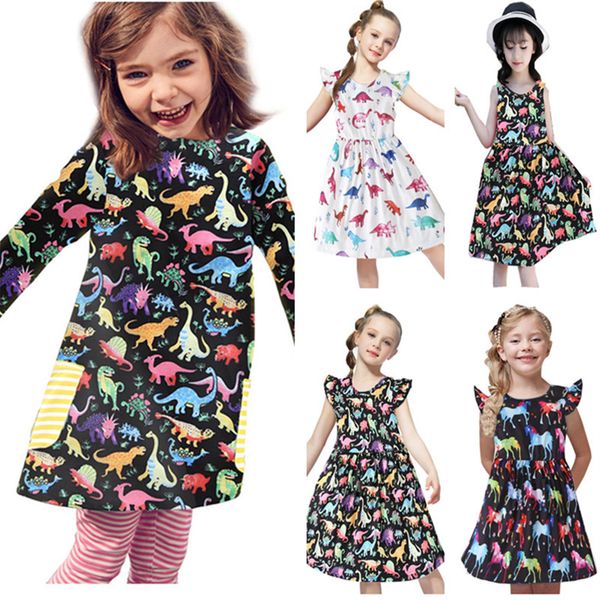 

new fashion dress toddler baby girls cartoon dinosaur unicorn print dress spring summer comfortable princess dresses outfits clothes 5 color, Red;yellow