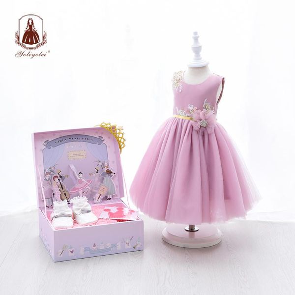 

yoliyolei pink color tulle baby girl dress for 2-5 years old cotton lining golden waistband casual party flower girls clothes, Red;yellow